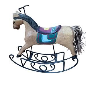 Vintage Rocking Horse sculpture wood metal German Dutch Painted Baby Nursery